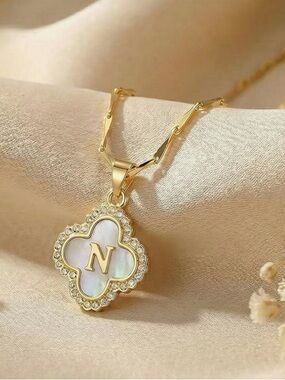 Gold Mother-of-Pearl CZ Clover 'N' Initial Pendant  Seed Chain Necklace